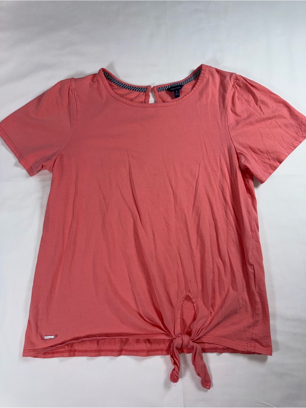 Nautica Women’s Medium Coral Tie Front Top Short Sleeve 100% Cotton Coastal